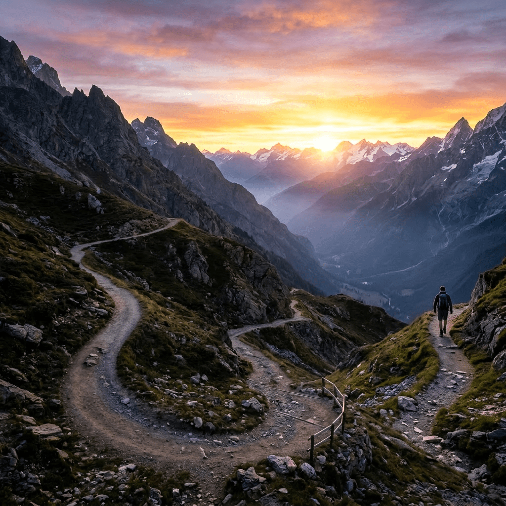 A person hiking on a winding mountain path with mountains and sunrise in background