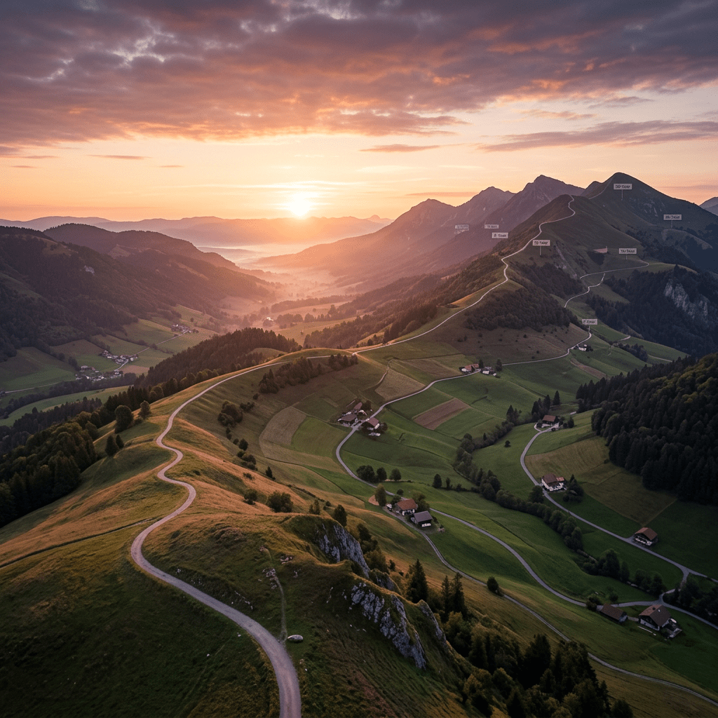 Sunrise over green valleys and winding mountain trails with scattered houses