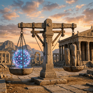 Ancient stone scale with a glowing digital network sphere on one side and heavy rocks on the other