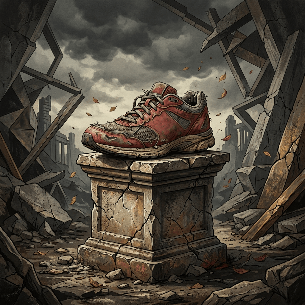 Worn red sneaker on a cracked pedestal amid stormy urban ruins